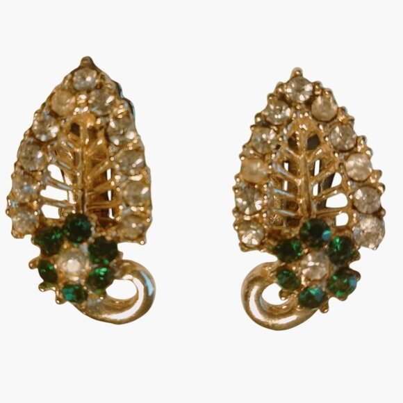 Gold Tone Filigree Leaf Clip On Earrings Clear Green Rhinestones - Picture 1 of 4
